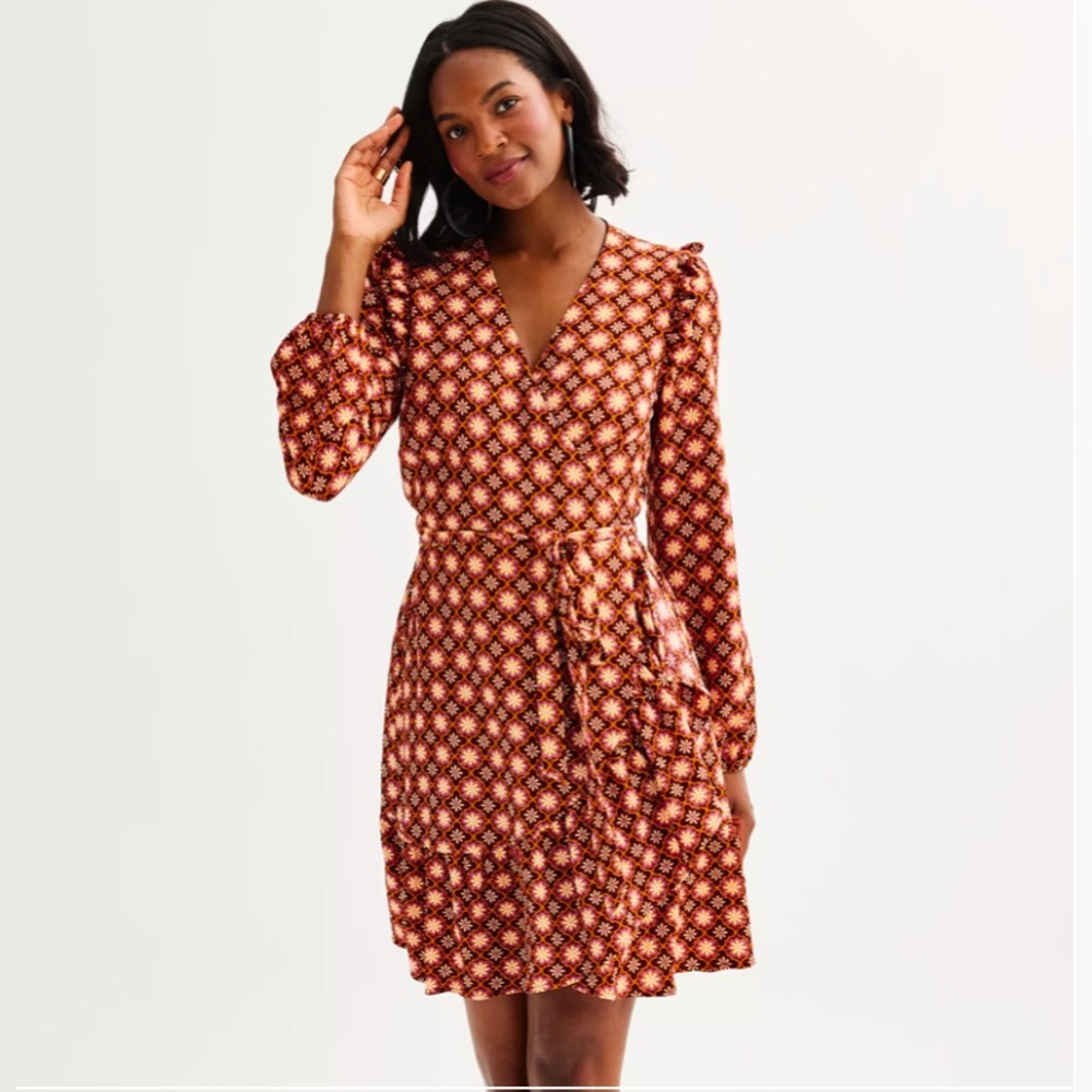 NWT Draper James Allover Geo Long Sleeve Ruffle Wrap Dress |Size Large